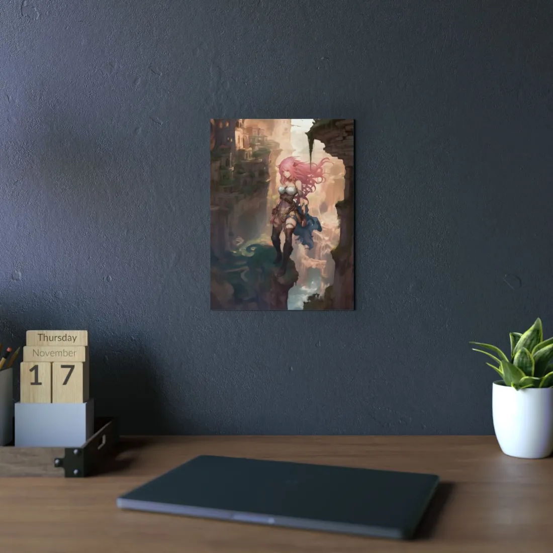 Anime Girl on Ruins Overlook: Pink-Haired Character Scene - Metal Poster