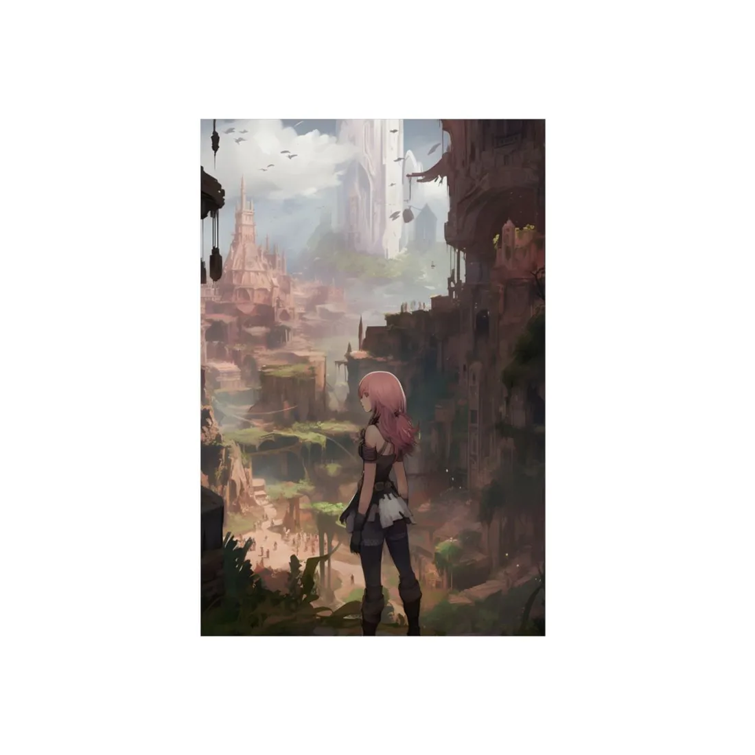 Anime Girl Overlooking Ancient Fantasy City: Pink-Haired Digital Art - Metal Poster