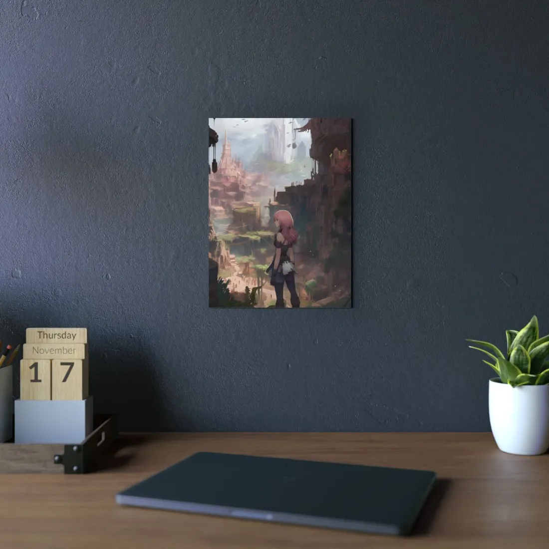 Anime Girl Overlooking Ancient Fantasy City: Pink-Haired Digital Art - Metal Poster