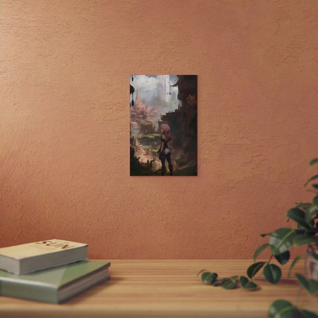 Anime Girl Overlooking Ancient Fantasy City: Pink-Haired Digital Art - Metal Poster