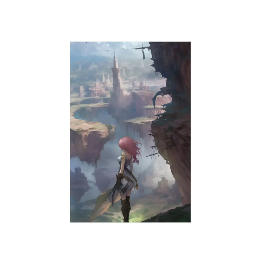 Anime Girl Overlooking Canyon Ruins: Misty Fantasy Scene - Metal Poster