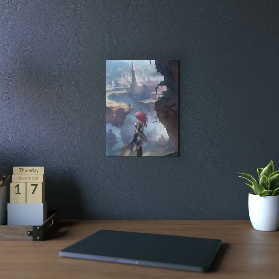 Anime Girl Overlooking Canyon Ruins: Misty Fantasy Scene - Metal Poster
