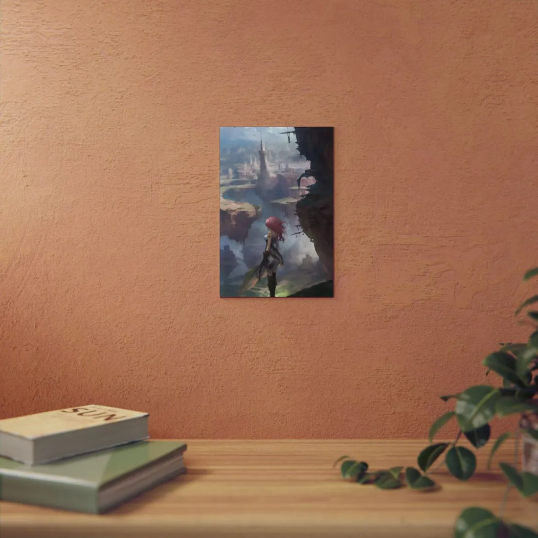 Anime Girl Overlooking Canyon Ruins: Misty Fantasy Scene - Metal Poster