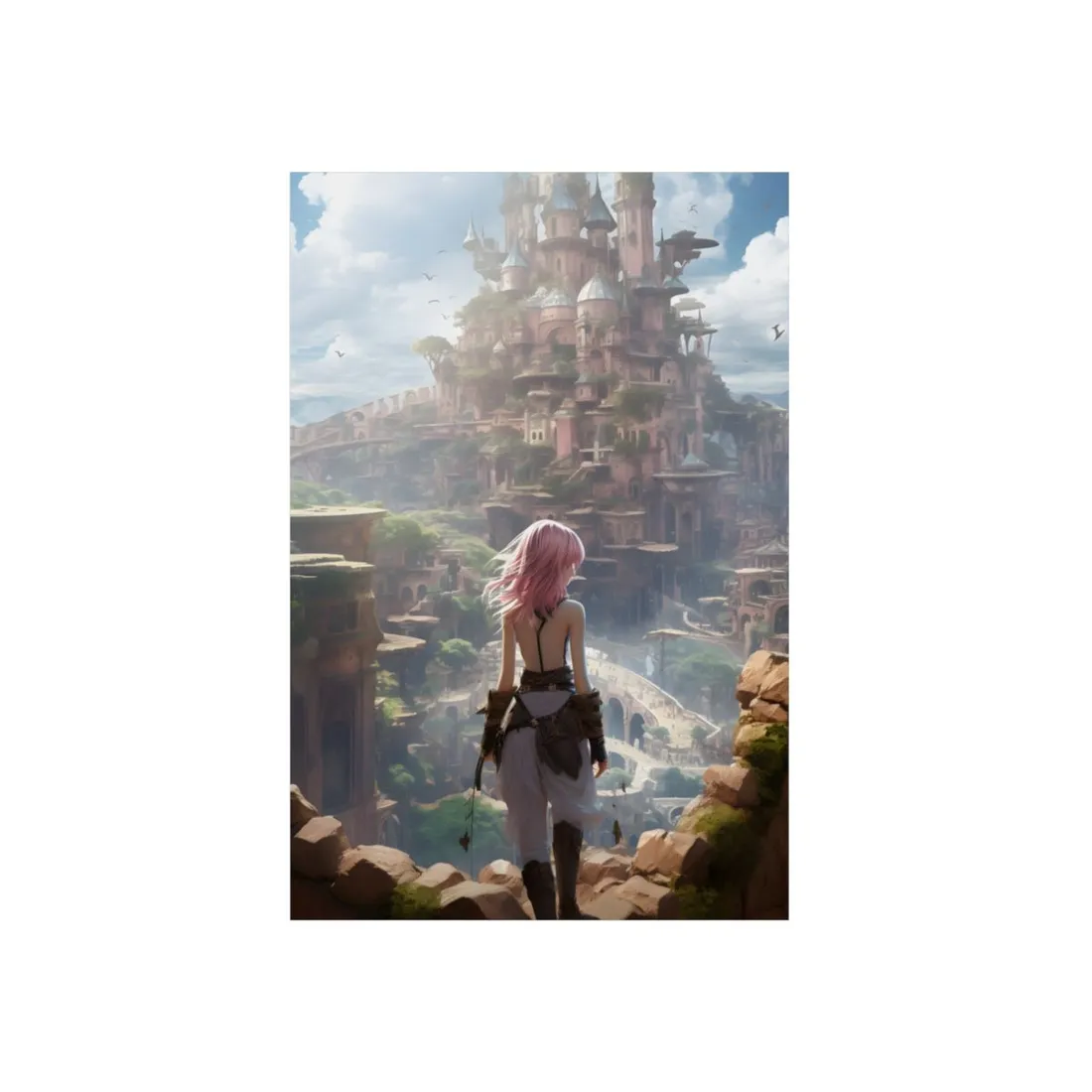 Anime Girl Overlooking Fantasy Floating Ruins - Metal Poster