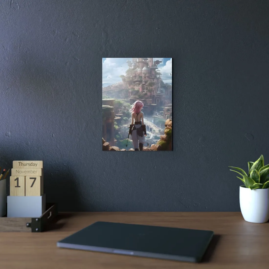 Anime Girl Overlooking Fantasy Floating Ruins - Metal Poster