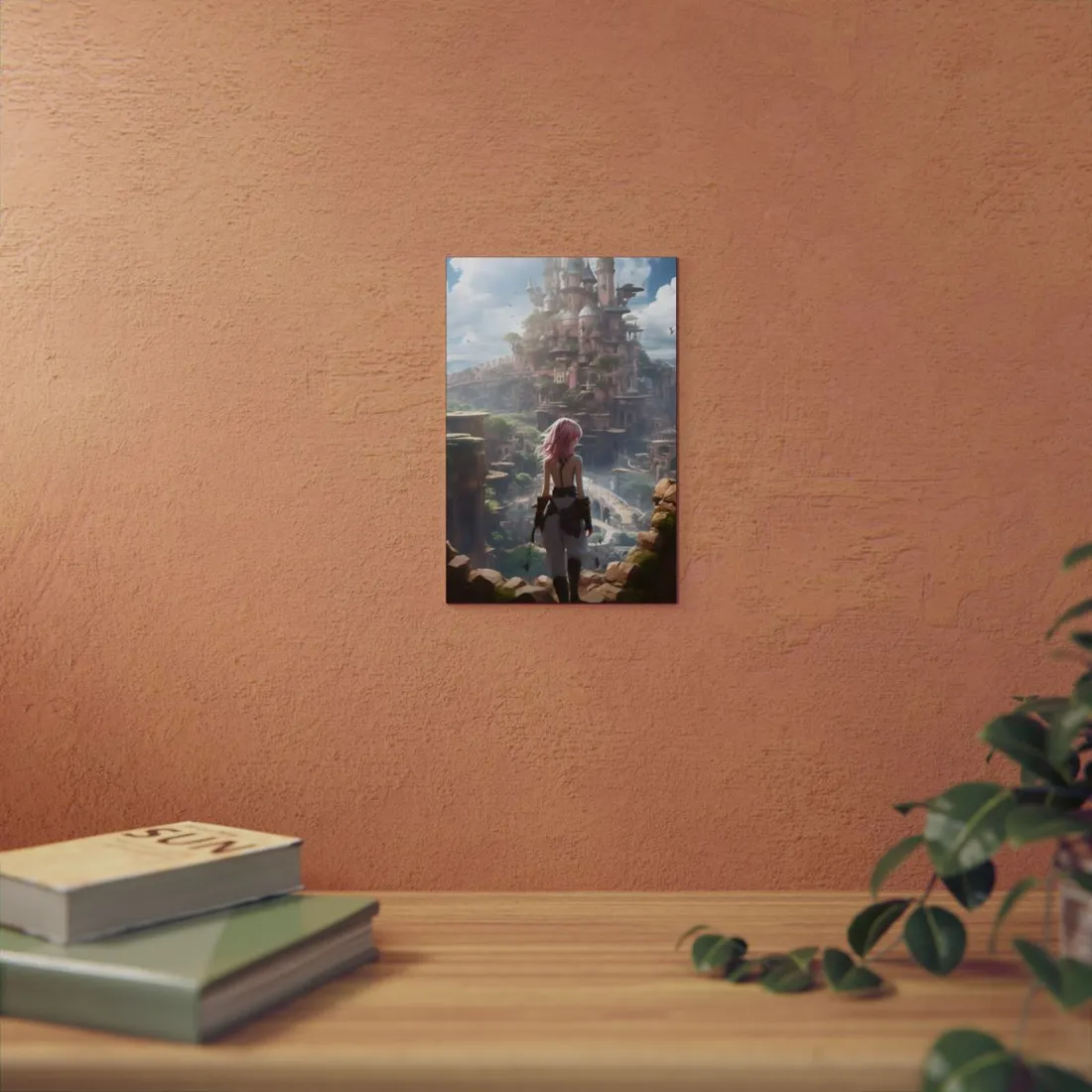 Anime Girl Overlooking Fantasy Floating Ruins - Metal Poster