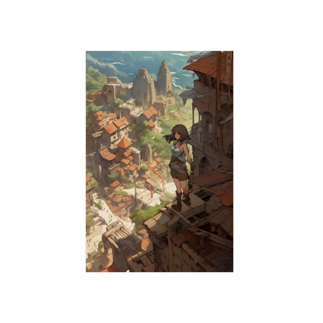 Anime Girl Overlooking Village: Daylight Ruins Scene - Metal Poster