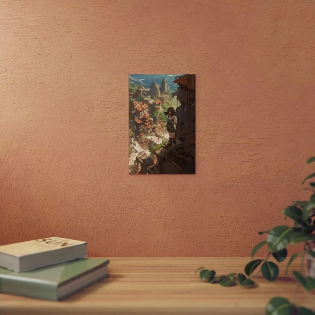 Anime Girl Overlooking Village: Daylight Ruins Scene - Metal Poster