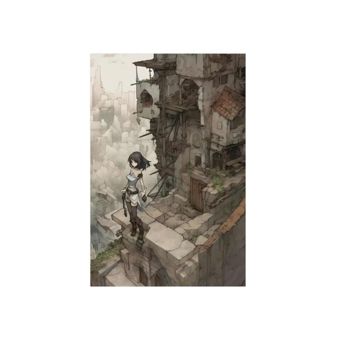 Anime Girl Standing in Ruined City: Sepia Fantasy Art - Metal Poster