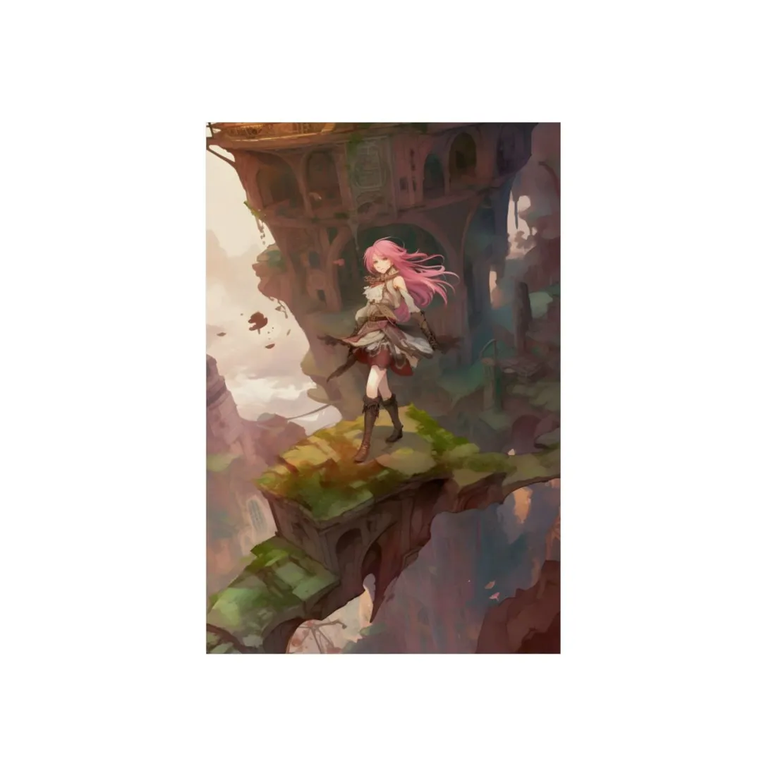 Anime Girl Standing on Mossy Ruins Ledge: Fantasy Scene - Metal Poster