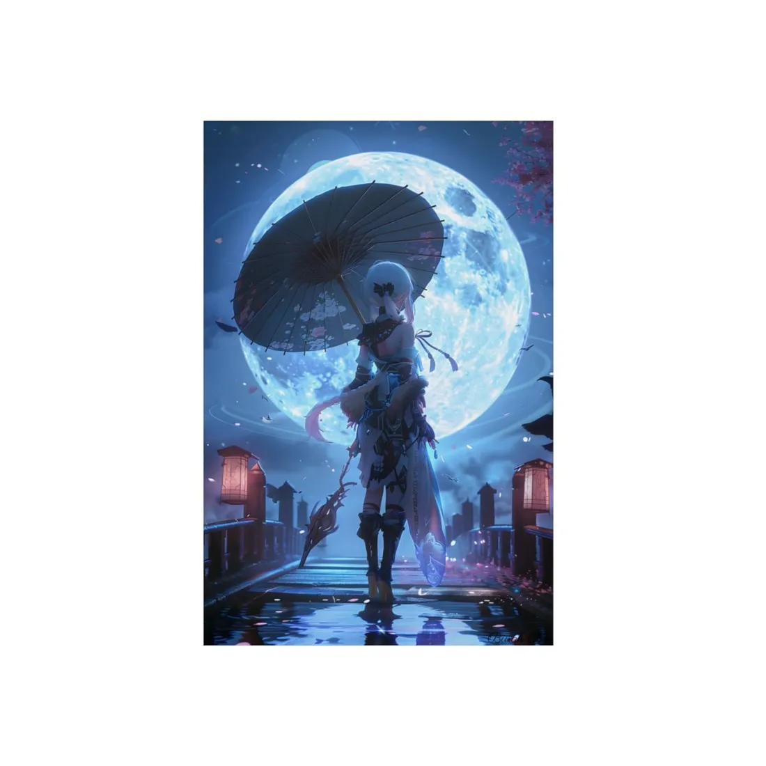 Anime Girl with Umbrella: Moonlit Night Scene - Metal Poster