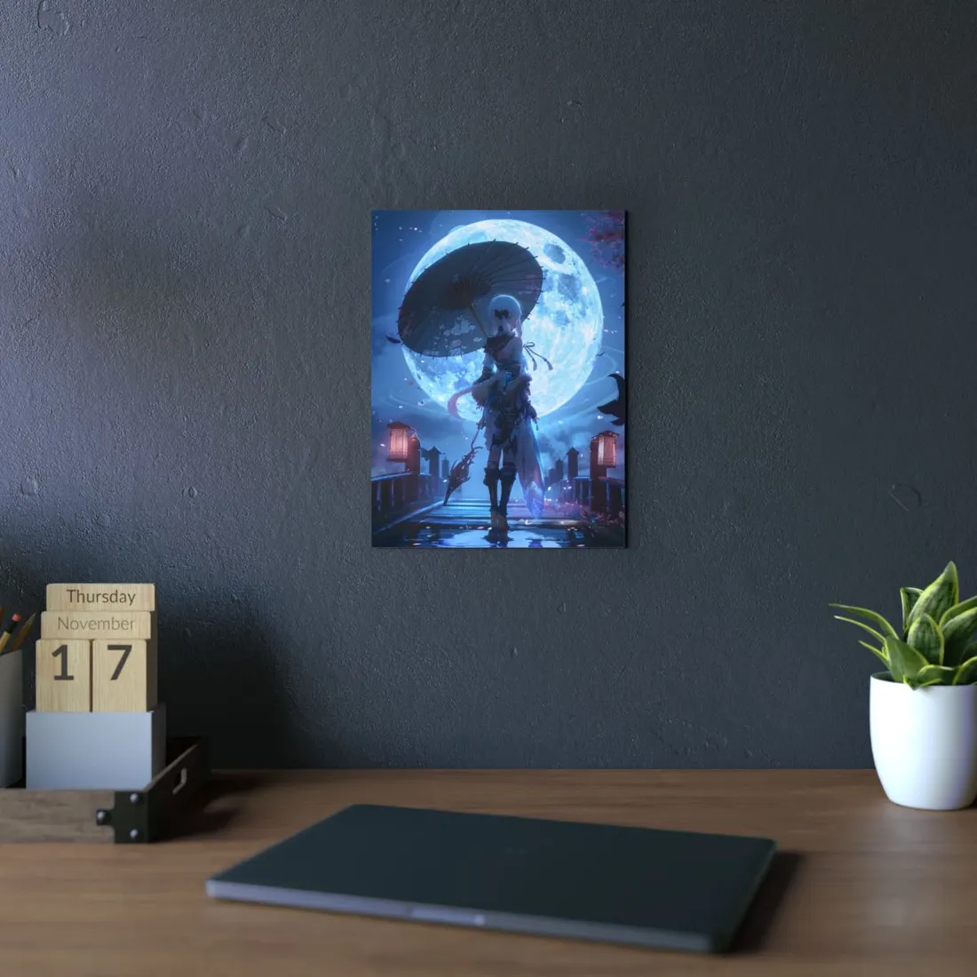 Anime Girl with Umbrella: Moonlit Night Scene - Metal Poster