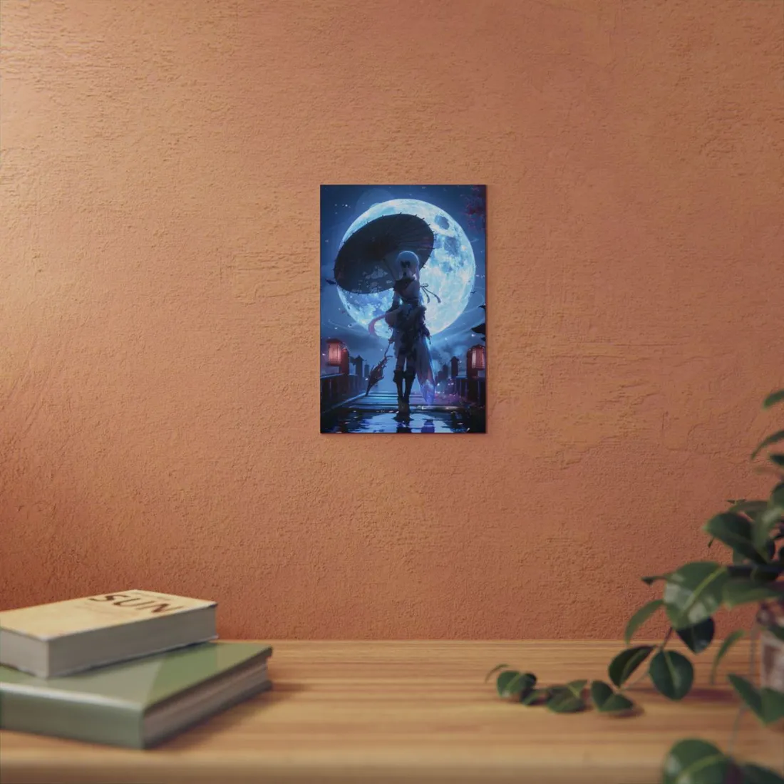 Anime Girl with Umbrella: Moonlit Night Scene - Metal Poster