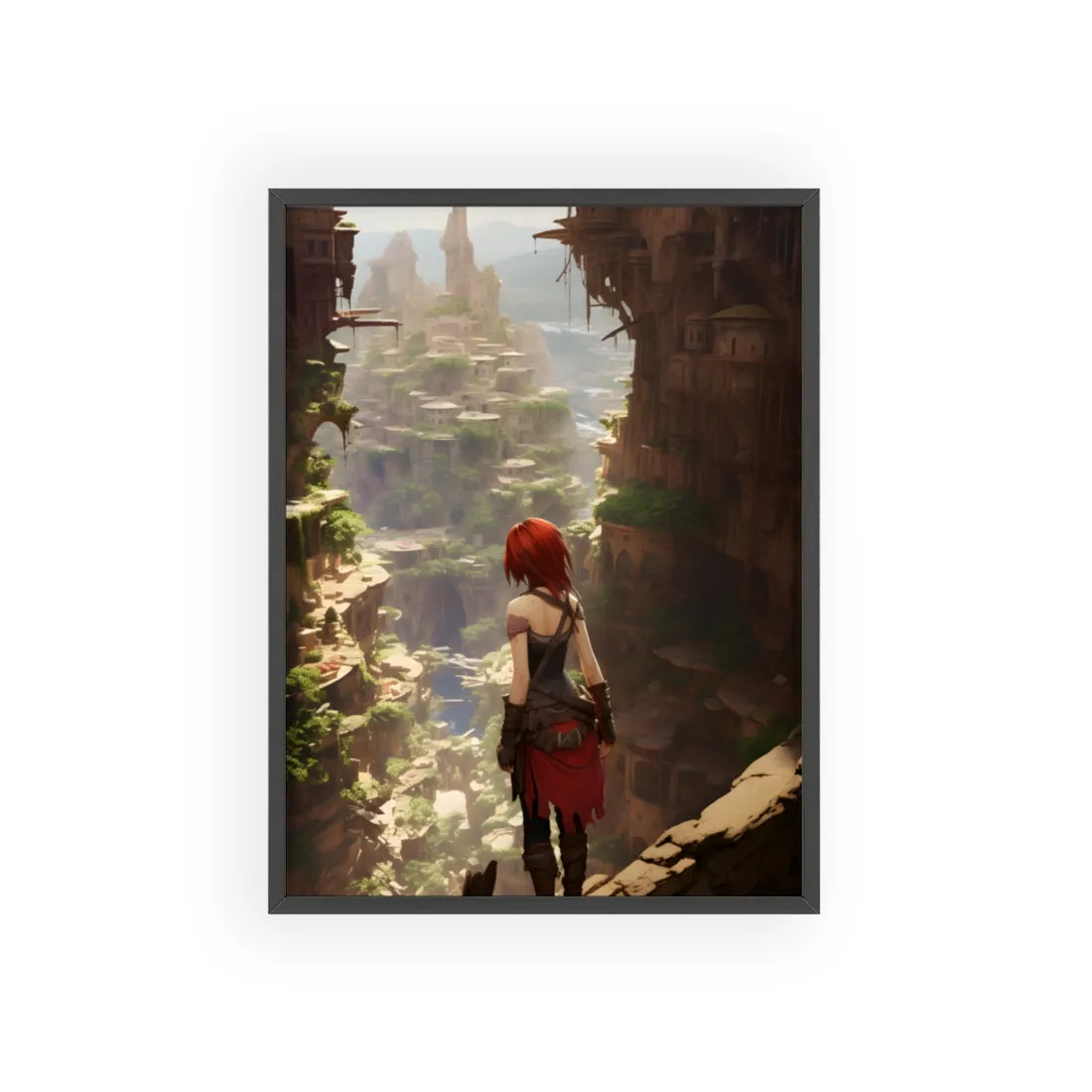 Anime Red Haired Female: Dramatic Bird's Eye View - Framed Poster