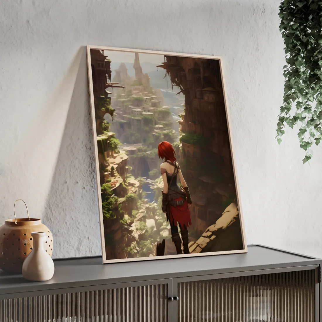 Anime Red Haired Female: Dramatic Bird's Eye View - Framed Poster