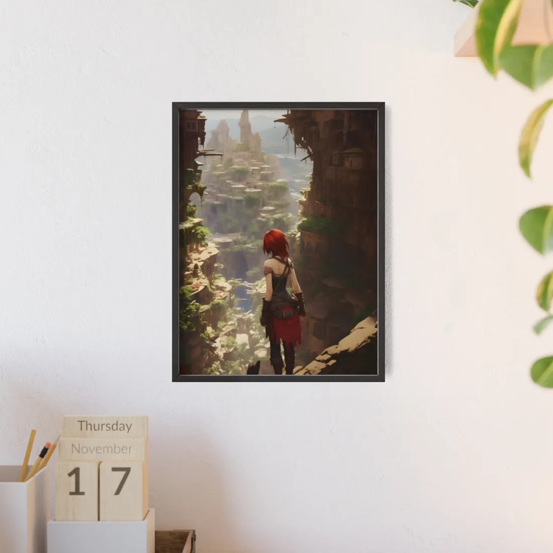 Anime Red Haired Female: Dramatic Bird's Eye View - Framed Poster