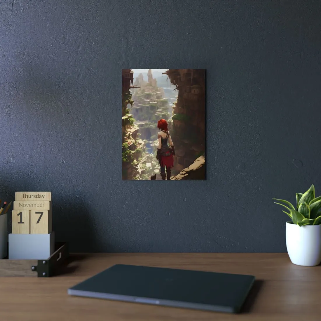Anime Red Haired Female: Dramatic Bird's Eye View - Metal Poster