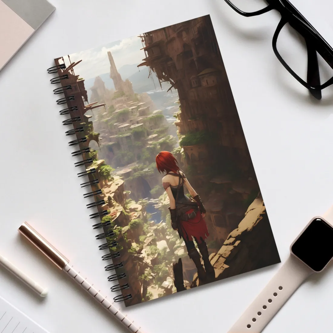 Anime Red Haired Female: Dramatic Bird's Eye View - Spiral Notebook