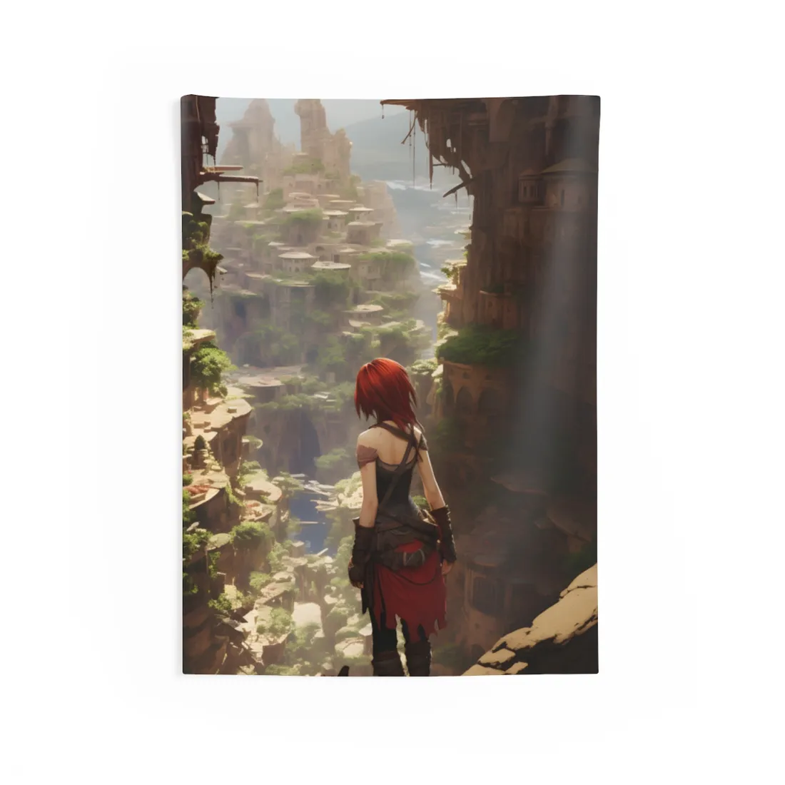 Anime Red Haired Female: Dramatic Bird's Eye View - Wall Tapestry