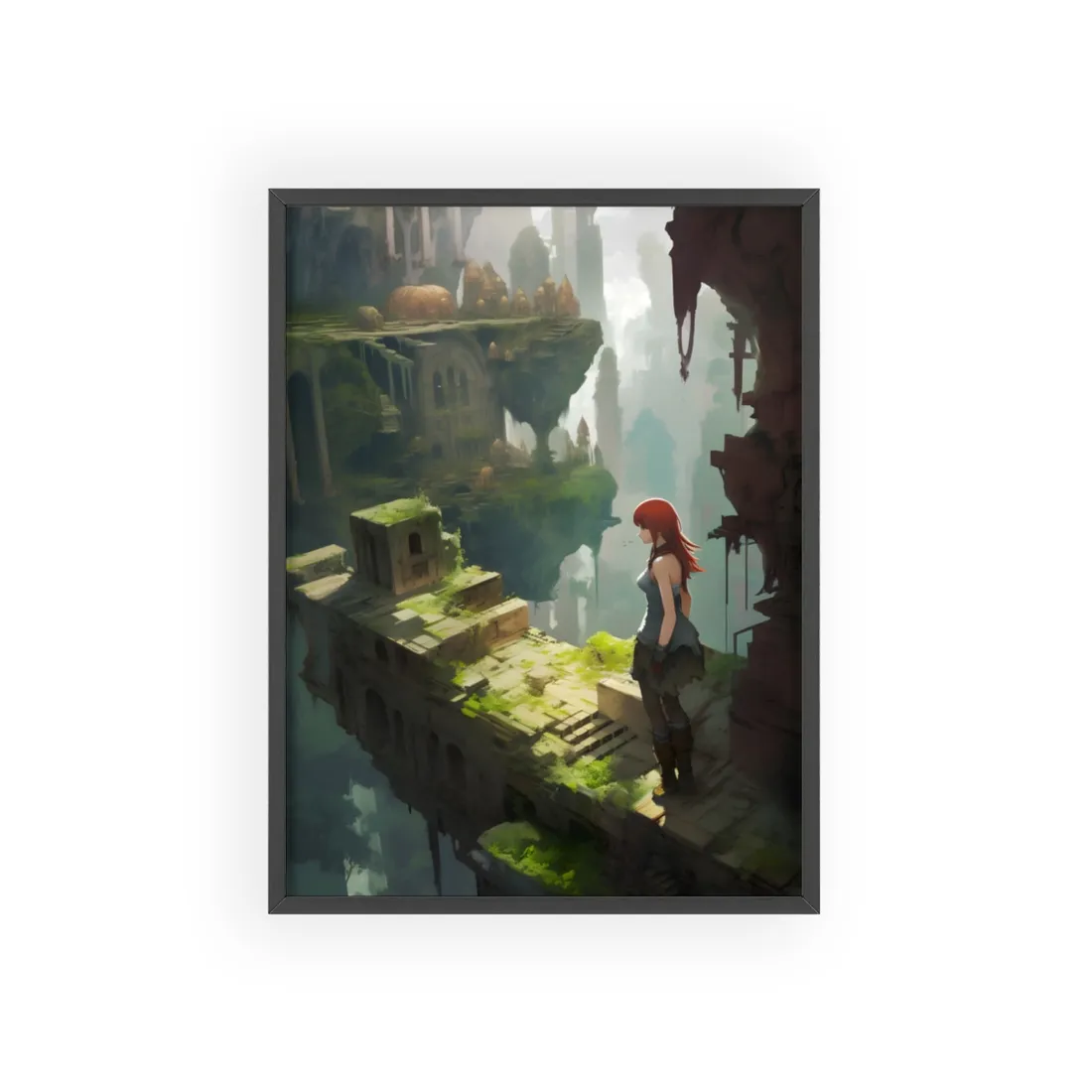 Anime Red Haired Female: Dramatic Eyes Art - Framed Poster