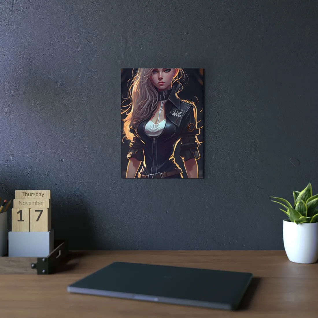 Anime-Style Woman: Black Leather Jacket Portrait - Metal Poster