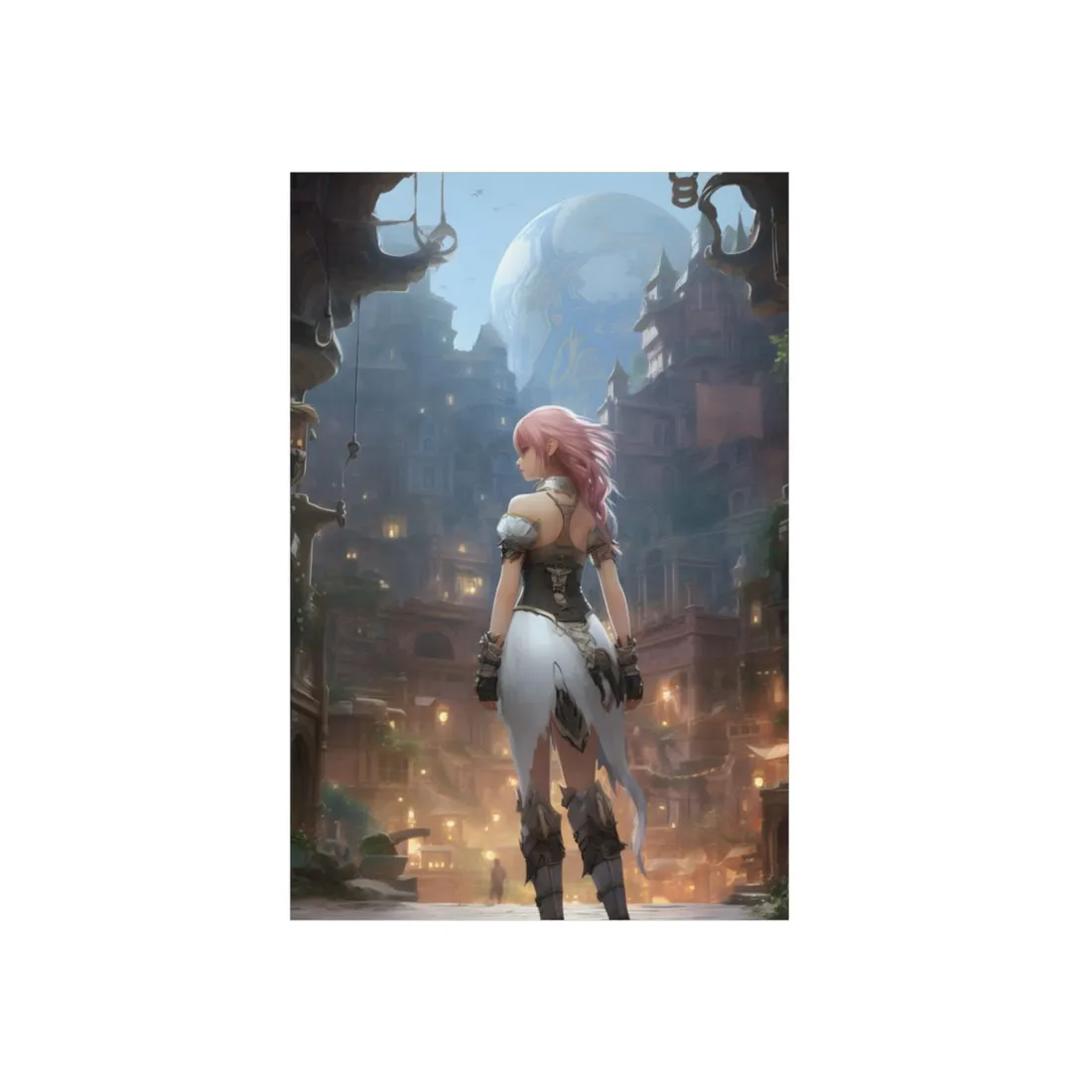 Anime Warrior at Dusk: Pink-Haired Character in Fantasy Town - Metal Poster