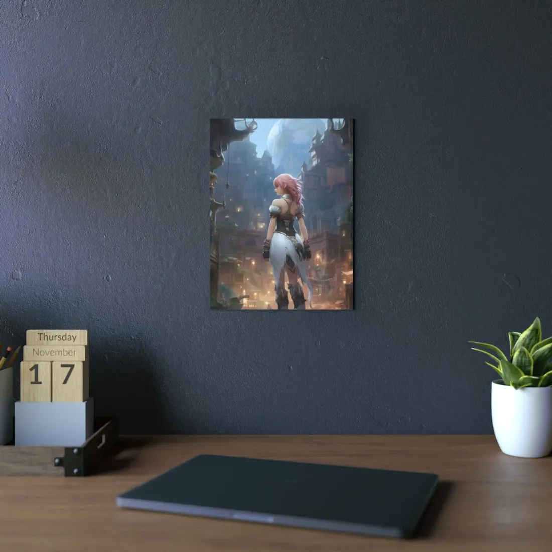 Anime Warrior at Dusk: Pink-Haired Character in Fantasy Town - Metal Poster