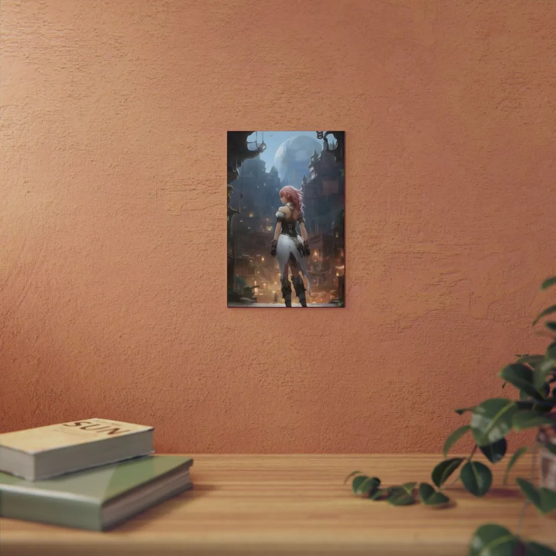 Anime Warrior at Dusk: Pink-Haired Character in Fantasy Town - Metal Poster
