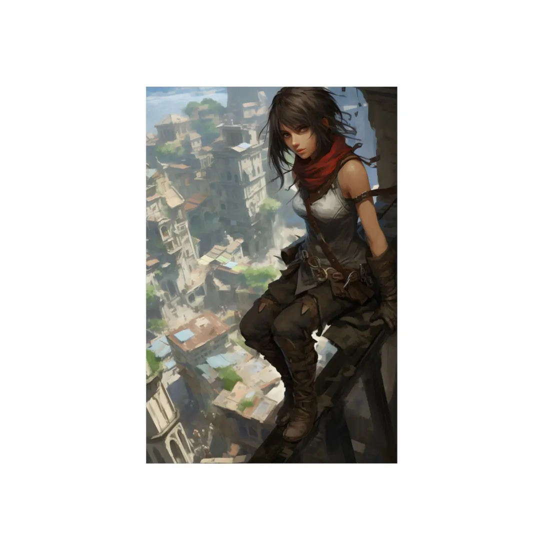 Anime Warrior Girl Perched Above Ancient City Ruins - Metal Poster