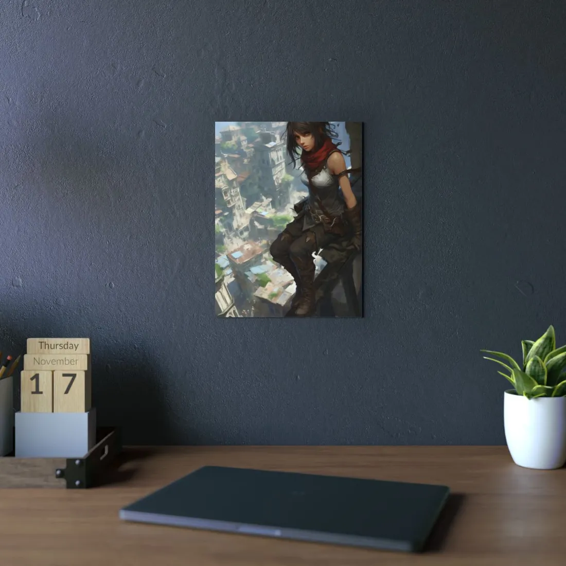Anime Warrior Girl Perched Above Ancient City Ruins - Metal Poster