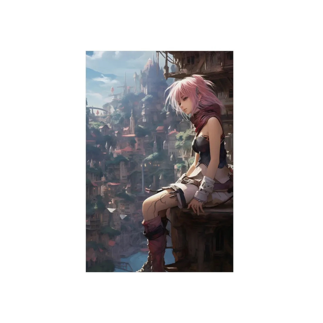 Anime Warrior Girl: Seated Above Overgrown Fantasy City - Metal Poster