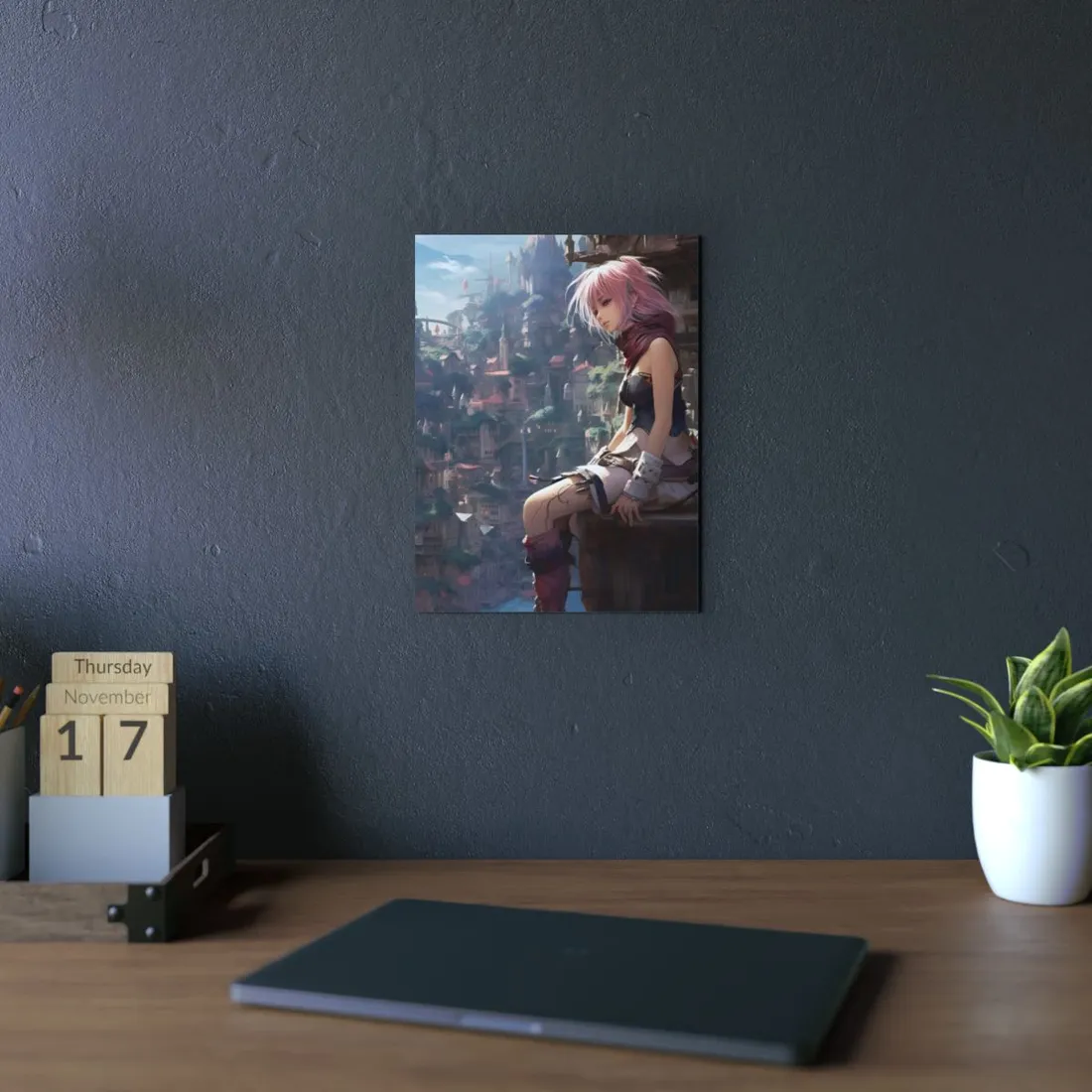 Anime Warrior Girl: Seated Above Overgrown Fantasy City - Metal Poster