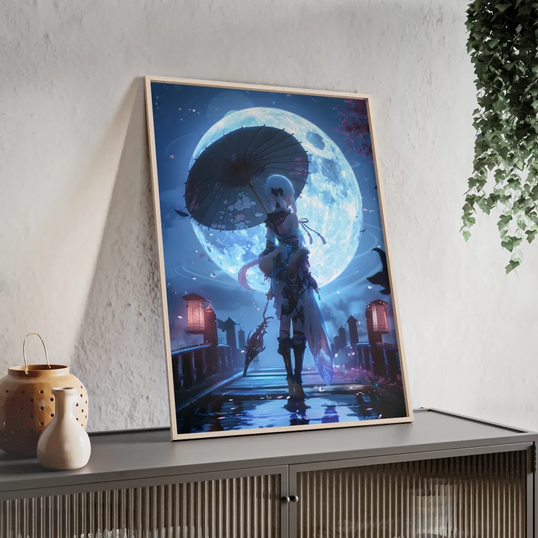 Anime Winter Scene: Girl Holds Umbrella - A Delicate Moment - Framed Poster