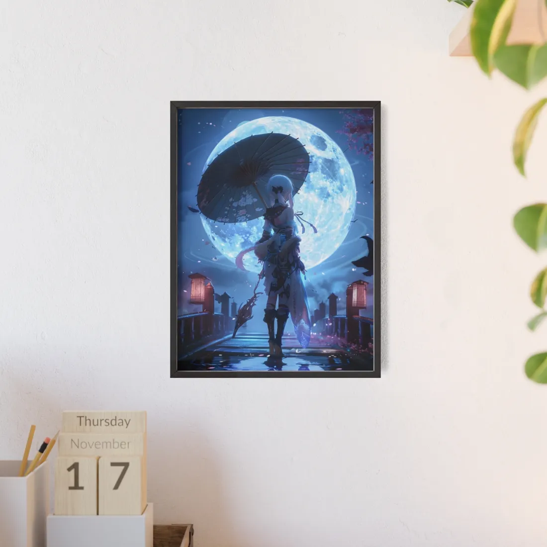 Anime Winter Scene: Girl Holds Umbrella - A Delicate Moment - Framed Poster