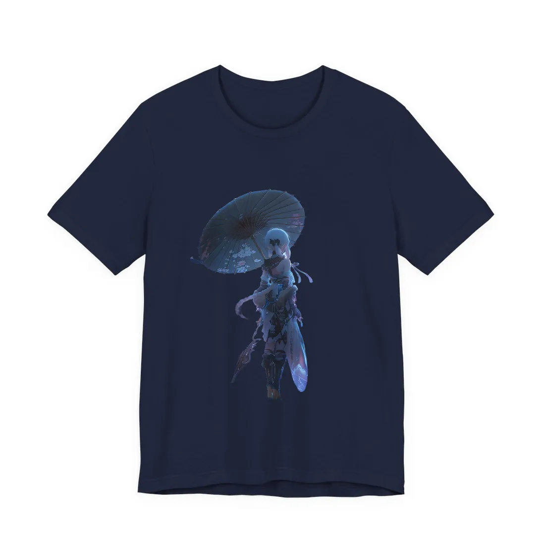 Anime Winter Scene: Girl Holds Umbrella - A Delicate Moment - T-Shirt (Navy)