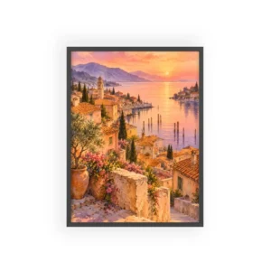 Coastal Village at Sunset Framed Poster