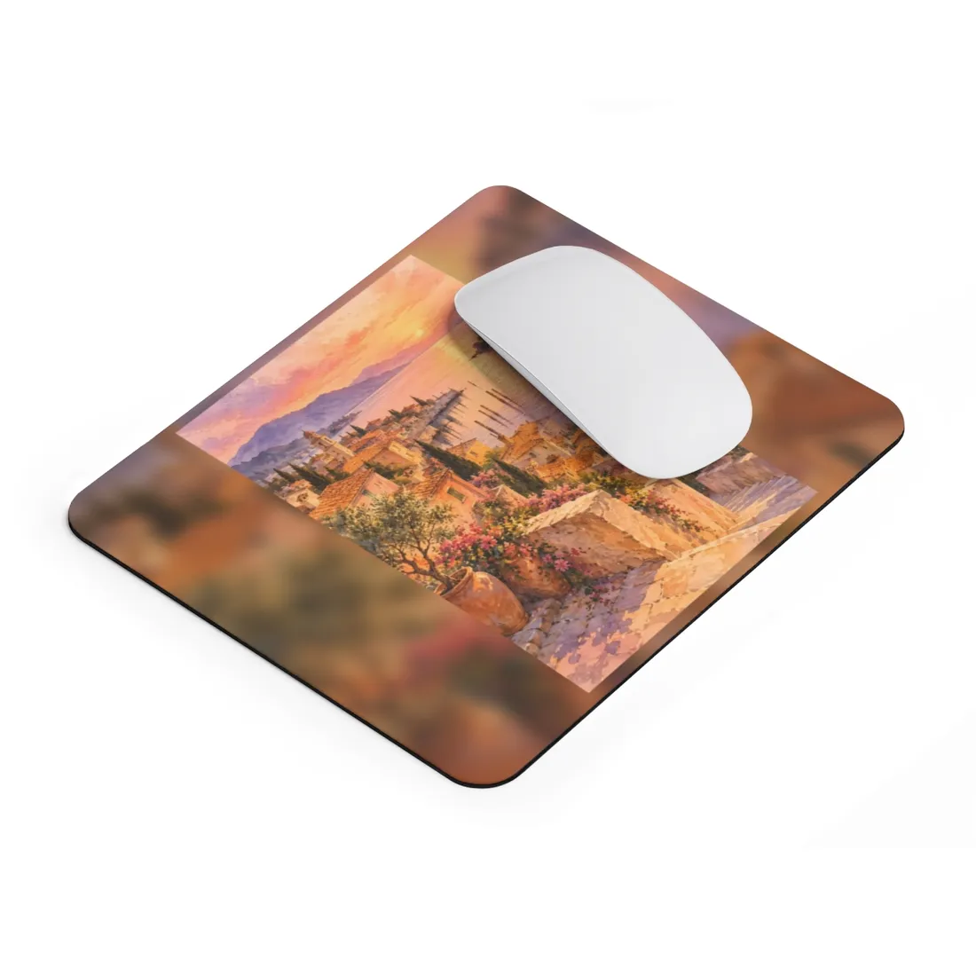 Watercolor coastal village at sunset with terracotta rooftops, bell tower, calm pink bay, flowers – Mouse Pad, view 2