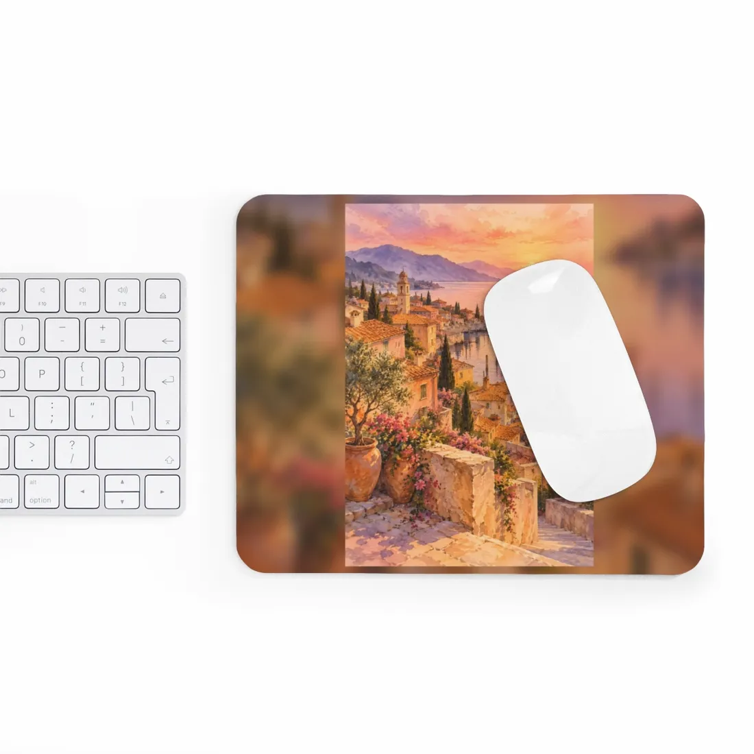 Watercolor coastal village at sunset with terracotta rooftops, bell tower, calm pink bay, flowers – Mouse Pad, view 3