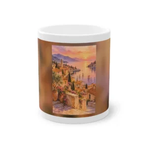 Coastal Village at Sunset Mug