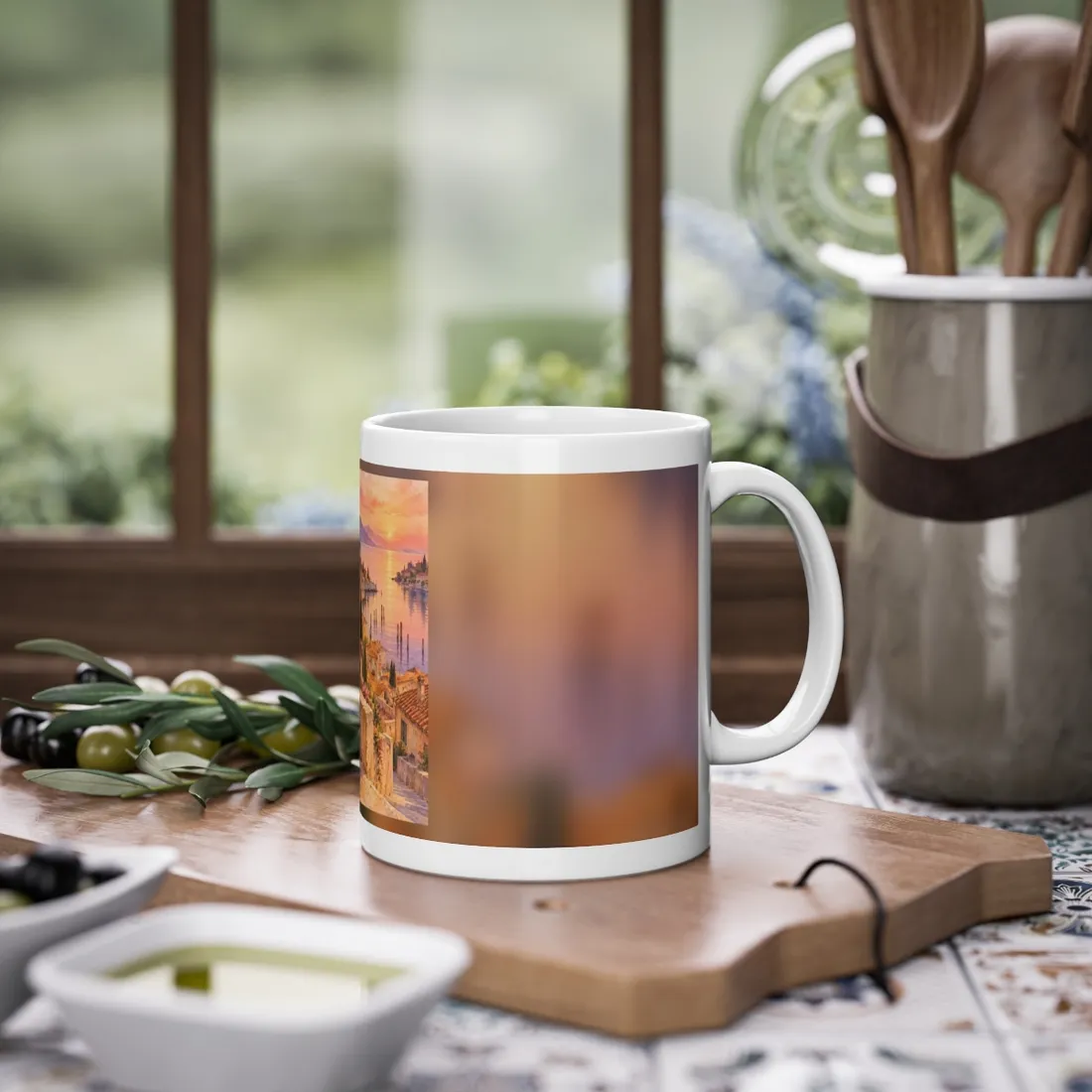 Watercolor coastal village at sunset with terracotta rooftops, bell tower, calm pink bay, flowers – Mug, view 2