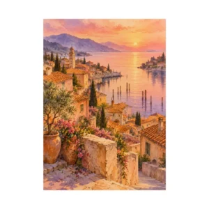 Coastal Village at Sunset Poster