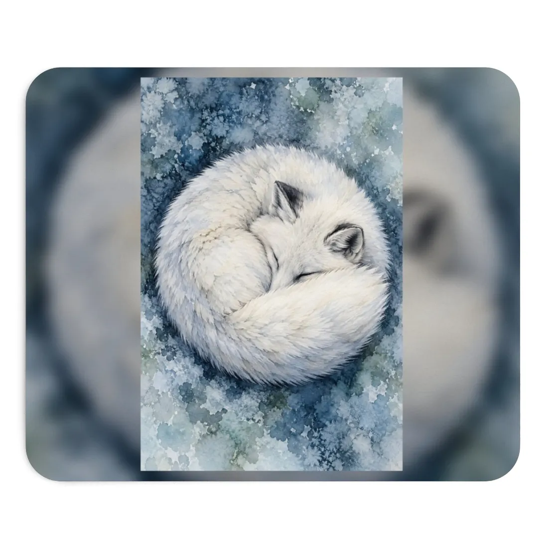 A white arctic fox sleeps curled in a circle on a blue, icy watercolor background, eyes closed – Mouse Pad, view 1