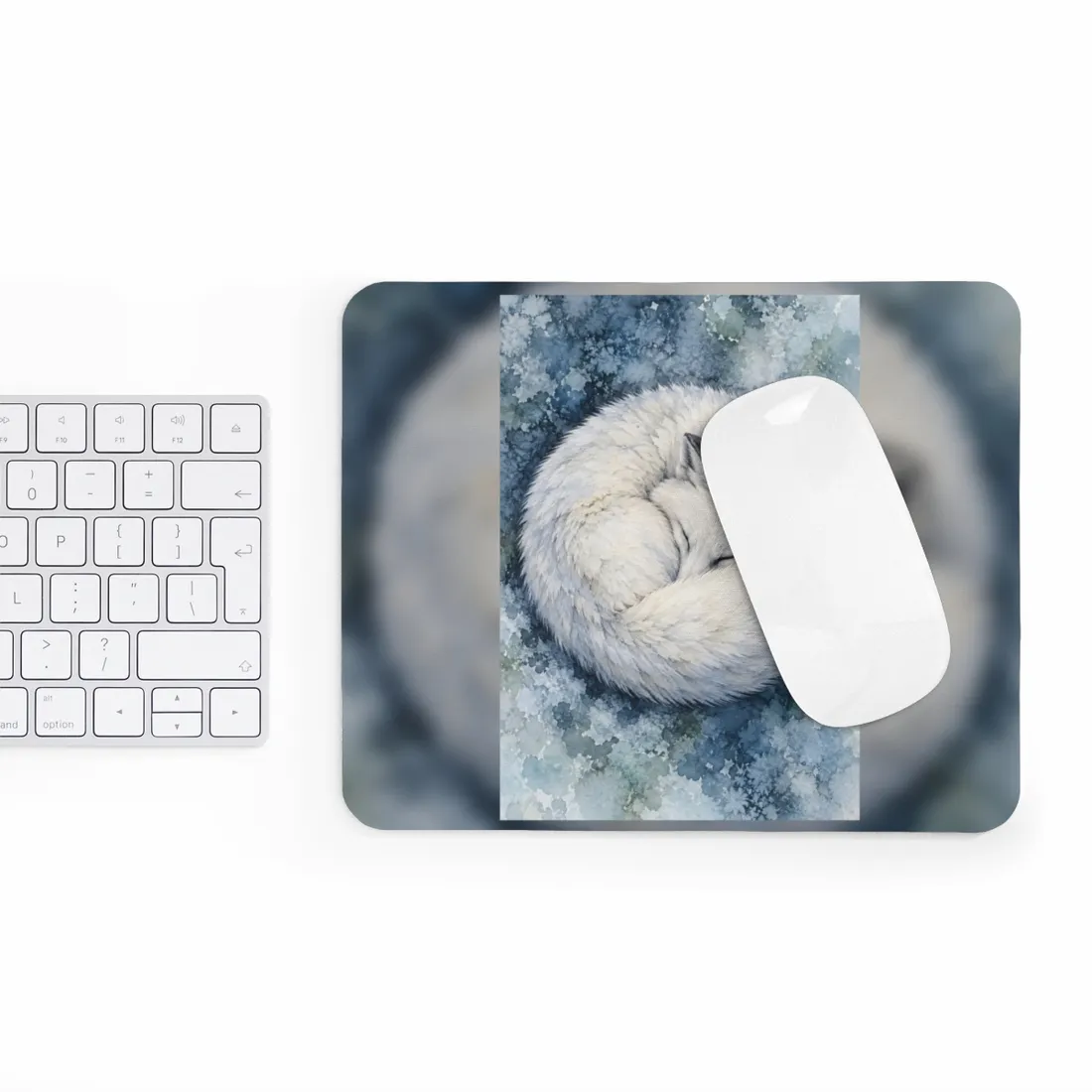 A white arctic fox sleeps curled in a circle on a blue, icy watercolor background, eyes closed – Mouse Pad, view 3