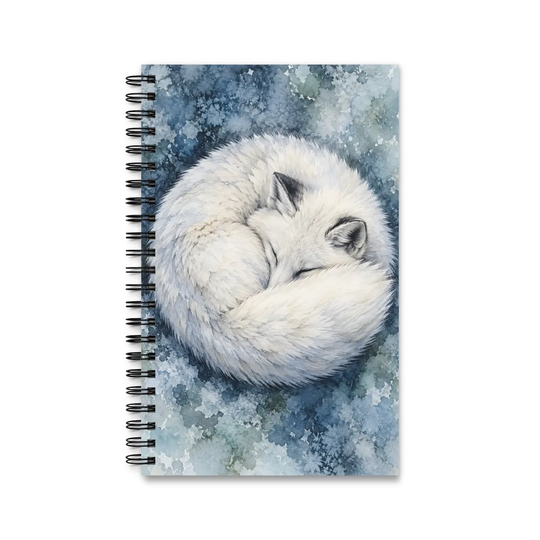 A white arctic fox sleeps curled in a circle on a blue, icy watercolor background, eyes closed – Spiral Notebook, view 1