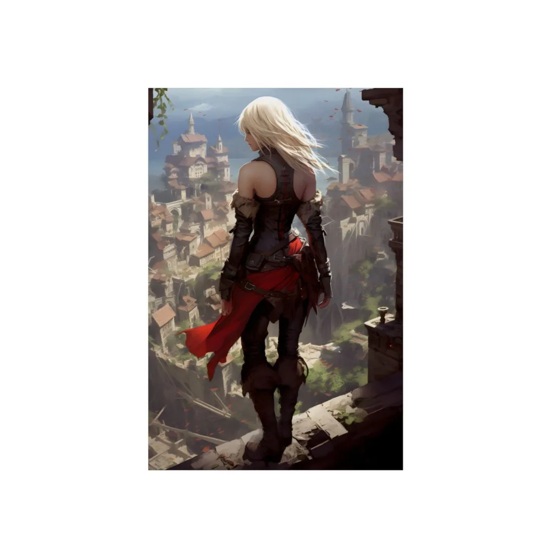 Armored Anime Heroine Overlooking Green Valley City - Metal Poster
