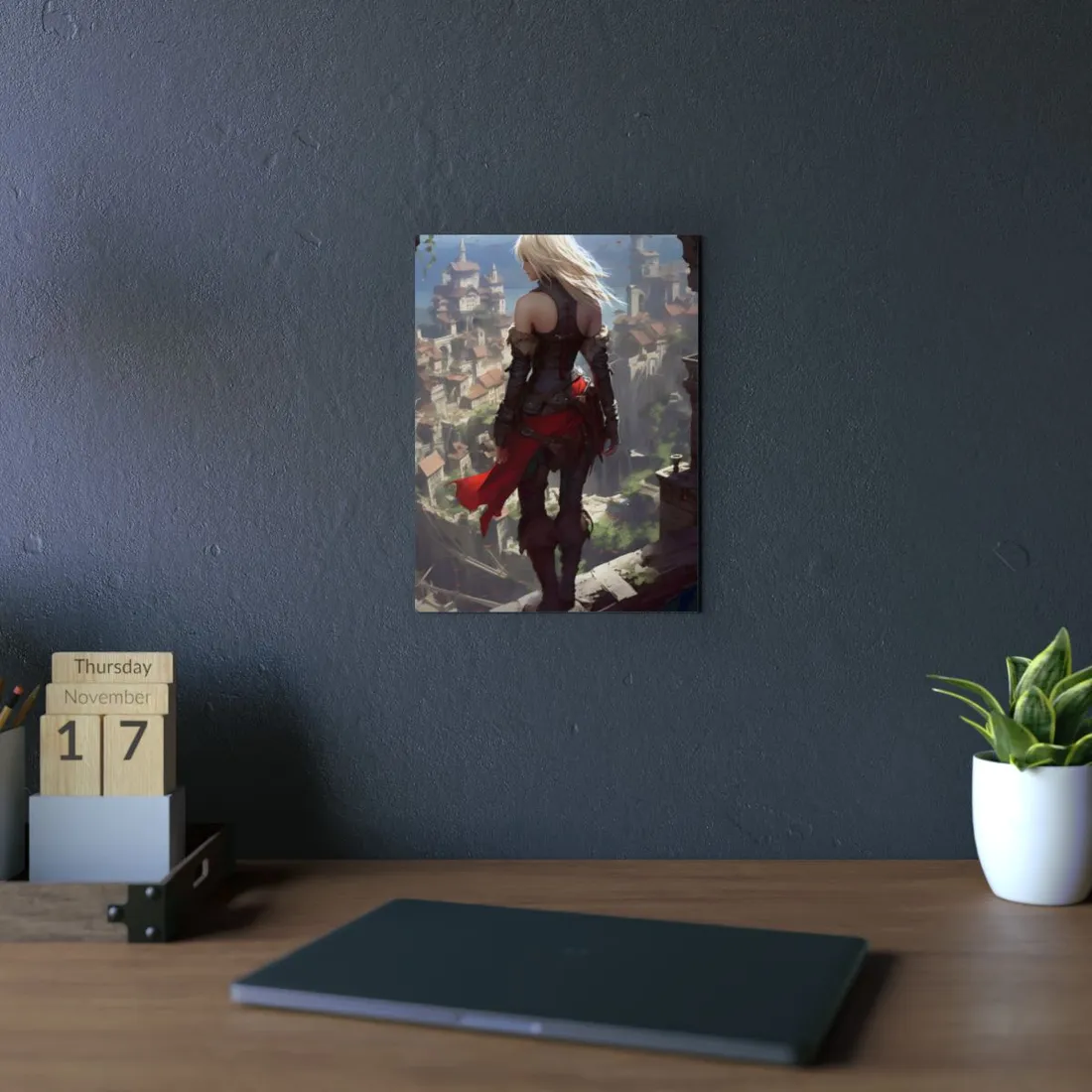 Armored Anime Heroine Overlooking Green Valley City - Metal Poster