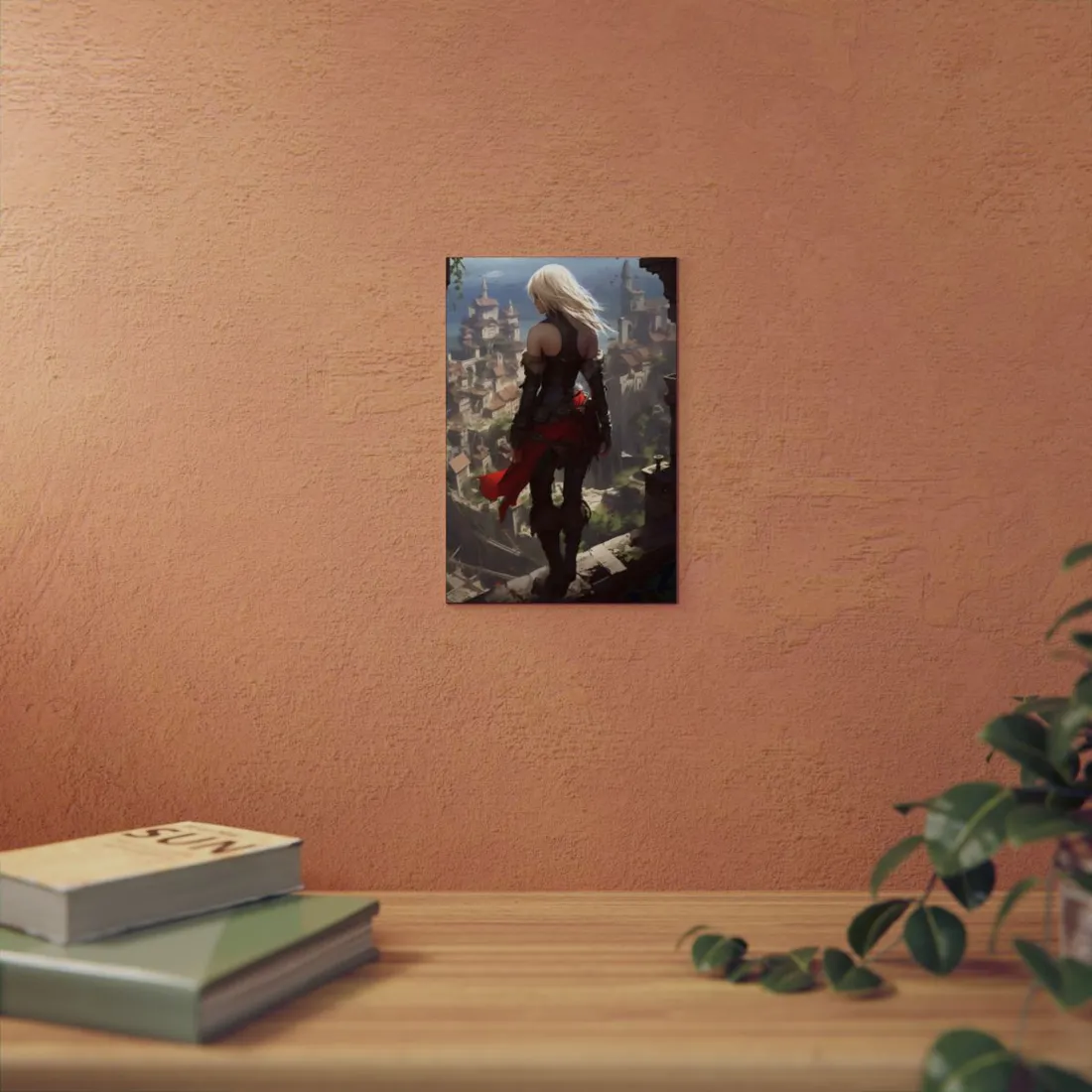 Armored Anime Heroine Overlooking Green Valley City - Metal Poster