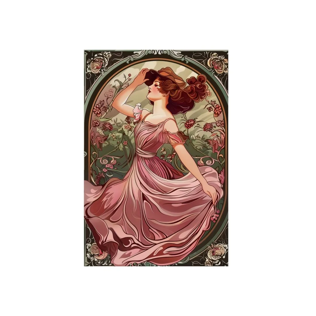 Art Nouveau Woman in Flowing Pink Dress - Metal Poster