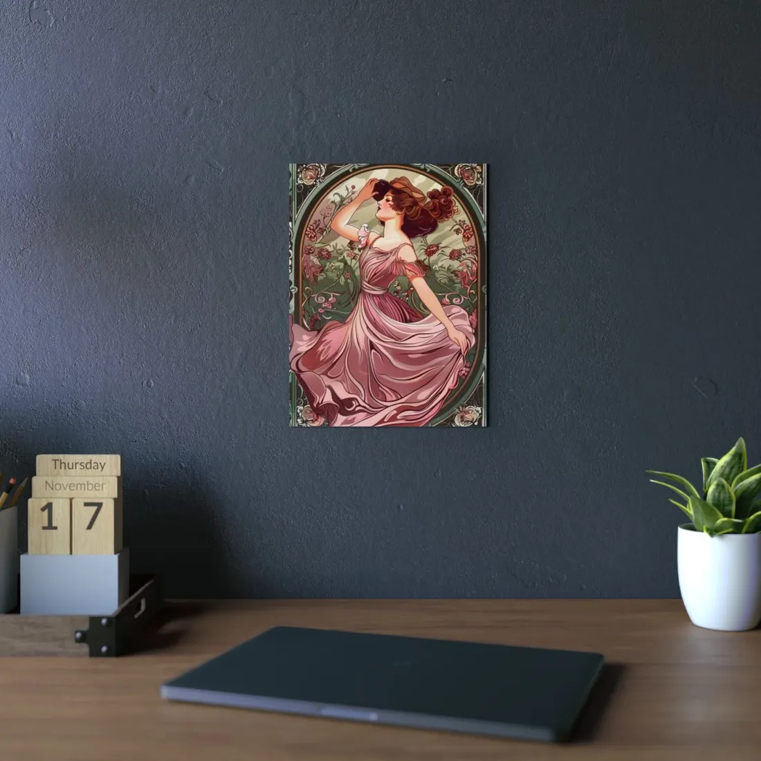 Art Nouveau Woman in Flowing Pink Dress - Metal Poster