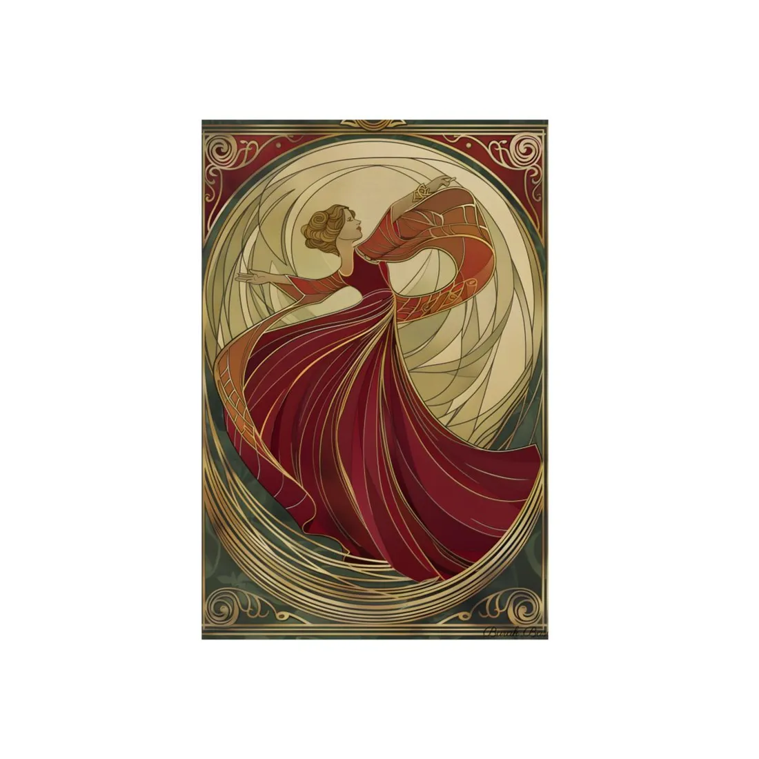 Art Nouveau Woman in Flowing Red Dress - Metal Poster